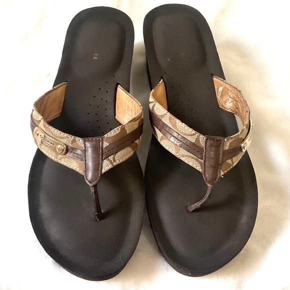 Brown Coach Jaden Wedge Heel Open Toe Flip Flops Size 11 - Picture 4 of 12